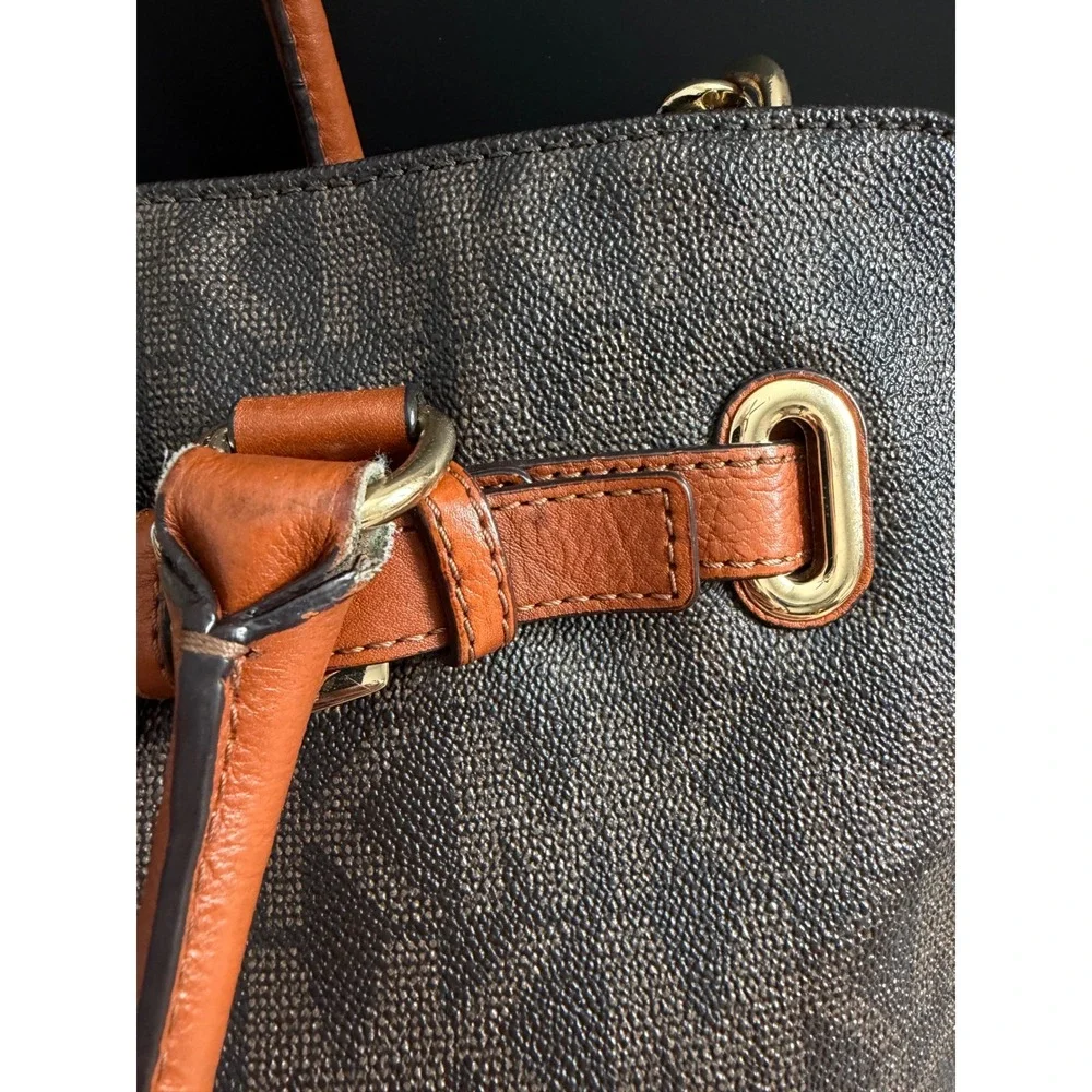 Michael Kors Hamilton Satchel Brown Logo PVC Leather Preppy Classic Tote Bag